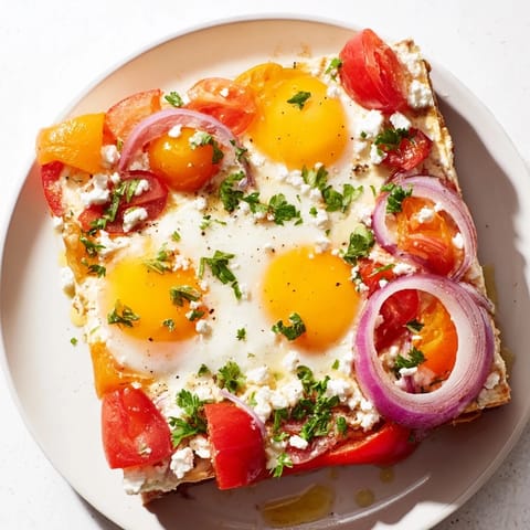 This Mediterranean Baked Feta & Eggs dish features a baked feta cheese block with perfect runny eggs.