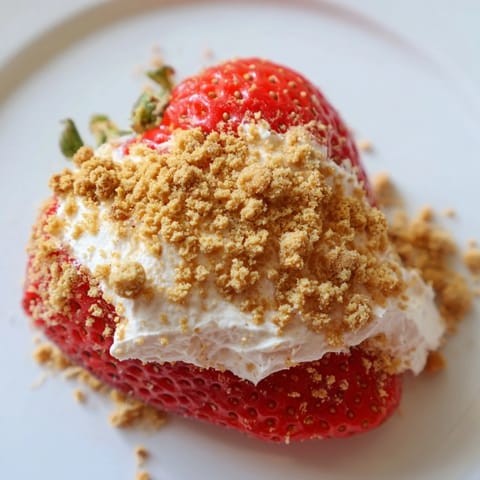 Sweet, perfectly chilled cheesecake stuffed strawberries, topped with graham cracker crumbs, ready to enjoy.