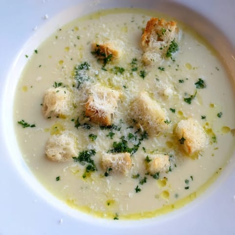 Velvety Creamy Garlic Bread Soup in a bowl, garnished with fresh parsley and cheese.