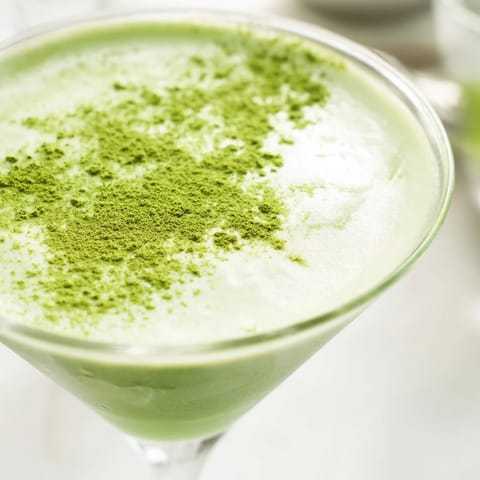 The creamy Matcha Martini cocktail features frothy layers and delicate white chocolate shavings for a luxurious finish.  