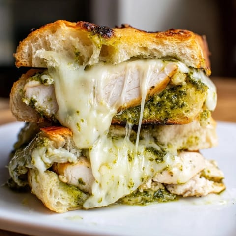 Juicy Pesto Chicken Melt sandwich with fresh basil leaves and sliced tomatoes on a golden ciabatta.