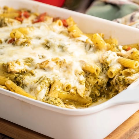 Steaming Pesto Chicken Pasta Bake casserole with penne, tender chicken, and vibrant green pesto, bubbling with golden cheese in a home kitchen.