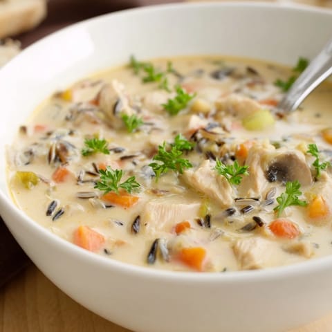 Spooning up the hearty Parmesan Mushroom Chicken and Wild Rice Soup, with tender chicken pieces and earthy mushrooms visible.