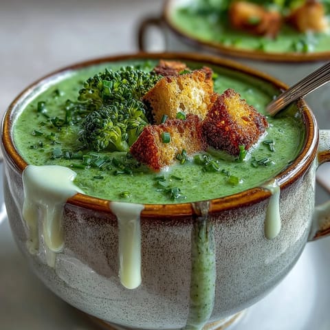 Cream of Broccoli Soup ladled into a rustic bowl, showcasing its vibrant green hue and velvety texture next to crusty bread.