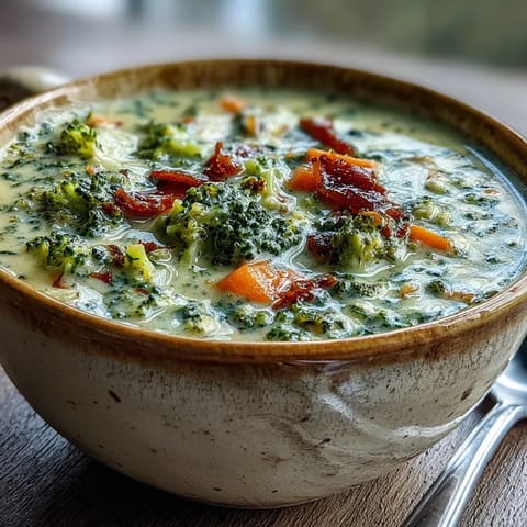 Hearty homemade Broccoli Cheddar Soup simmers in a pot, steam rising from velvety broth with colorful vegetables and melted cheese.