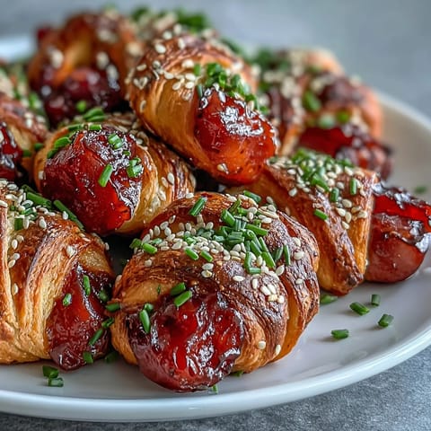 Freshly baked Pepper Jelly Hogs in a Blanket garnished with chives and sesame seeds for a party.