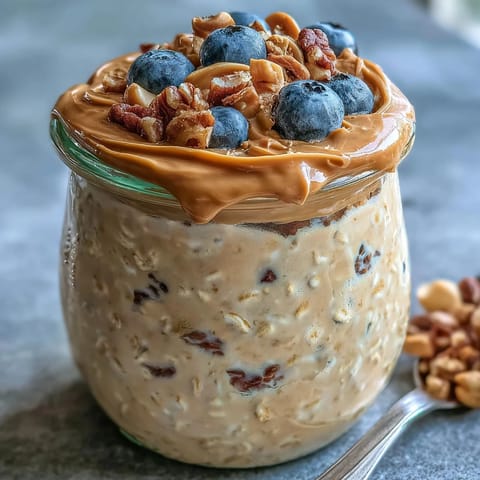 A thick, spoonable High-Protein Peanut Butter Overnight Oats breakfast topped with blueberries and chopped roasted peanuts.