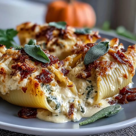Freshly baked jumbo pasta shells filled with creamy pumpkin and smoked Gouda cheese in a rich Alfredo sauce.