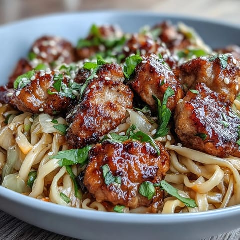 A vibrant serving of Potsticker Noodle Bowls topped with fresh cilantro, sesame seeds, and lime wedges on a rustic table.