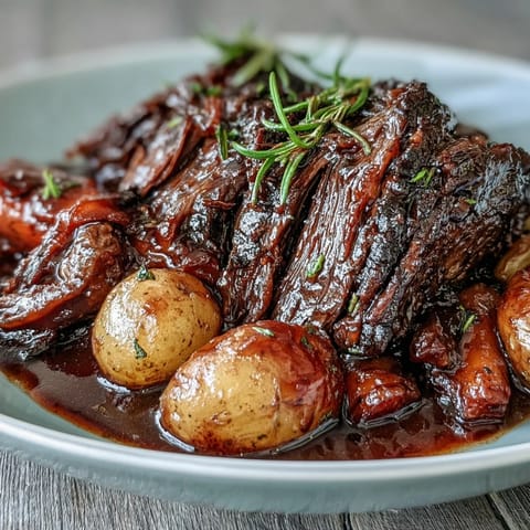 A rustic platter of beef pot roast with buttery vegetables, ready to serve over mashed potatoes or noodles.
