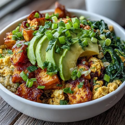 A hearty, plant-based Tofu Scramble Vegan Breakfast Bowl with sautéed spinach, turmeric tofu, and vibrant green onions.