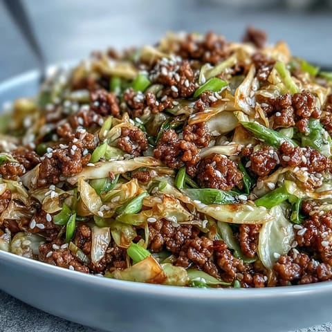 Wok-tossed ground pork and crunchy cabbage slaw mingle with garlic, ginger, and a savory soy-sesame sauce in this Egg Roll in a Bowl. 