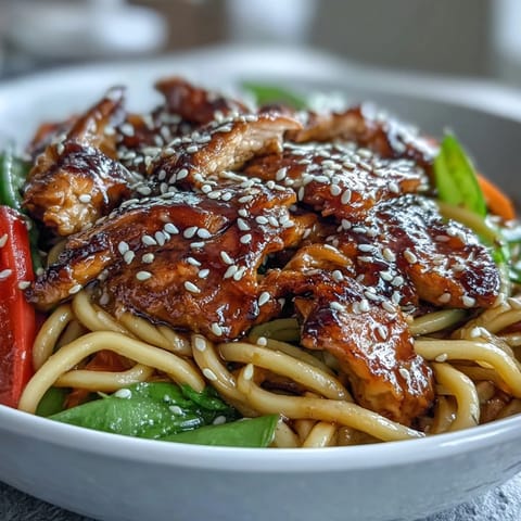 Sizzling Sesame Chicken Noodle Bowl tossed with crisp vegetables in a rich sauce.