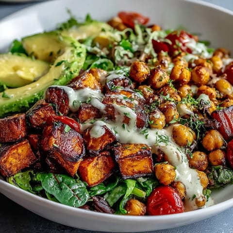 Freshly roasted sweet potatoes and crispy chickpeas sit atop mixed greens in a colorful Breakfast Buddha Bowl.