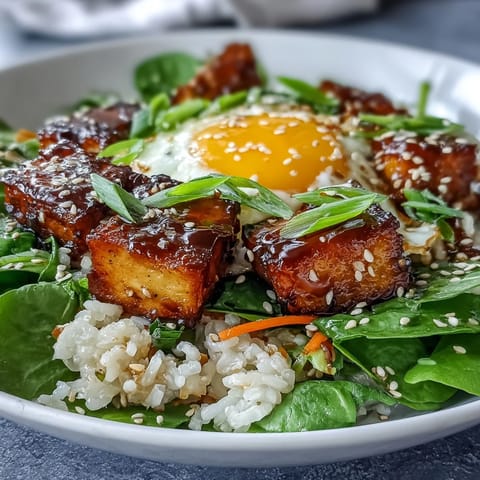 A close-up of Tofu Jammy Egg Breakfast Bowl with sliced cucumbers and a drizzle of zesty ginger scallion sauce.