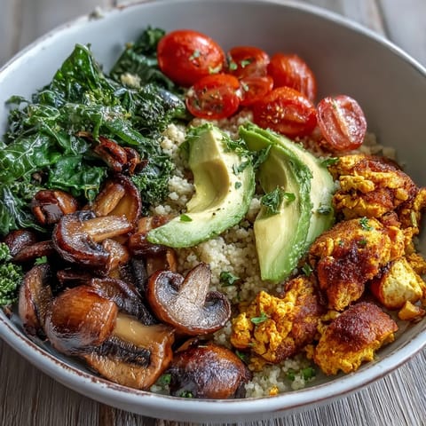Fluffy couscous topped with savory turmeric tofu, garlic mushrooms, and bright green sautéed kale, finished with lemon wedges.