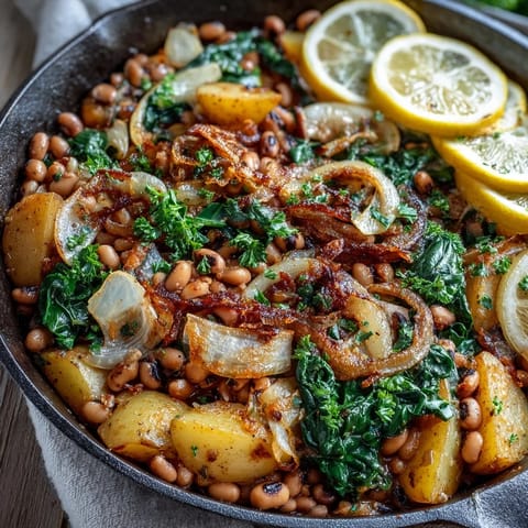 Cast iron skillet with Black-Eyed Pea Skillet Dinner, featuring golden potatoes and wilted green spinach.