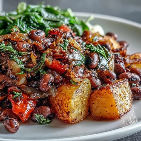 Golden roasted potatoes and black-eyed peas mixed with diced red and green peppers and onions for Black-Eyed Pea Hash.