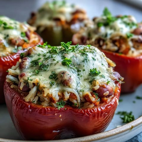 Colorful baked Black-Eyed Pea Stuffed Peppers served warm with melted cheese and fresh parsley. 