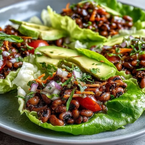 A vibrant platter of vegetarian Black-Eyed Pea Lettuce Wraps featuring colorful diced bell peppers, red onion, and juicy cherry tomatoes