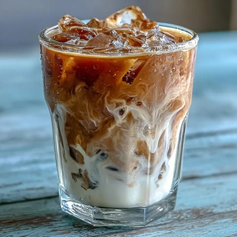 Iced Hojicha Latte in a clear glass filled with ice, showcasing the warm, roasted brown hue of the tea layered with creamy milk.
