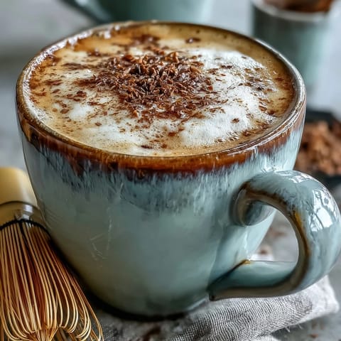 A close-up of rich, frothy Hot Hojicha Latte in a ceramic mug, with roasted tea powder visible.