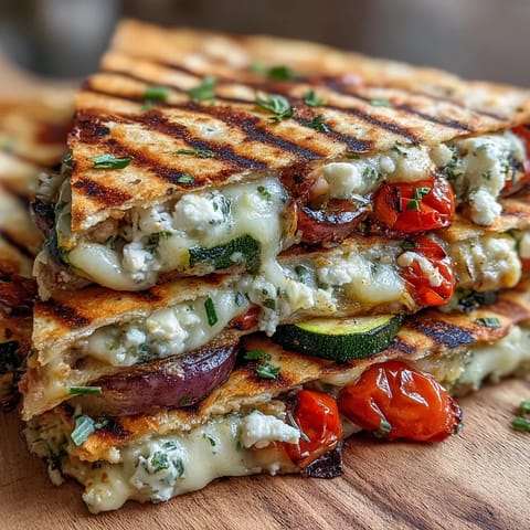 Freshly grilled Grilled Mediterranean Veggie Quesadillas served on a rustic board, topped with cherry tomatoes and herbs.