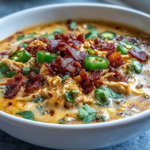 Creamy Spicy Jalapeño Popper Chicken Soup with melted cheddar cheese in a rustic bowl.