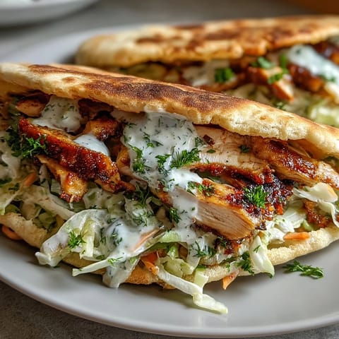 Warm pita pockets stuffed with juicy spiced chicken and a heaping mound of crisp, cool ranch slaw with fresh dill and parsley for a satisfying Mediterranean meal.