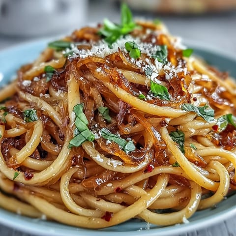A warm bowl of Caramelized Onion Pasta with Chili Oil, topped with fresh basil and grated Parmesan on a rustic table.