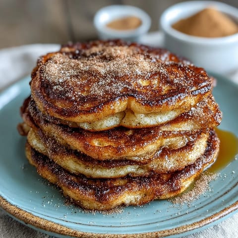 Crispy-edged Spanish Churro-Inspired Pancakes sizzling in a skillet with melting butter.