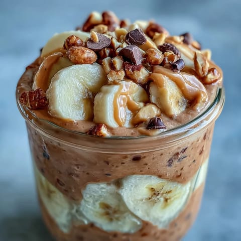 Chunky Monkey Overnight Chia Pudding topped with chocolate chips and chopped peanuts, ready to eat after overnight refrigeration.