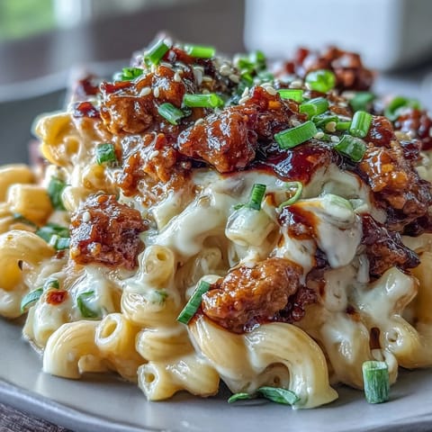 Korean-Style Turkey Mac & Cheese served in a white bowl with melted cheddar and a garnish of sesame seeds.