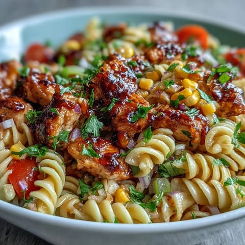 Bright cherry tomatoes, corn, and red bell pepper are tossed into the Honey BBQ Chicken Pasta Salad.