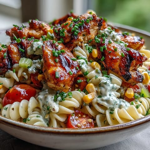 Tender glazed chicken and crisp celery spears mingle in a chilled Honey BBQ Chicken Pasta Salad perfect for potlucks. 