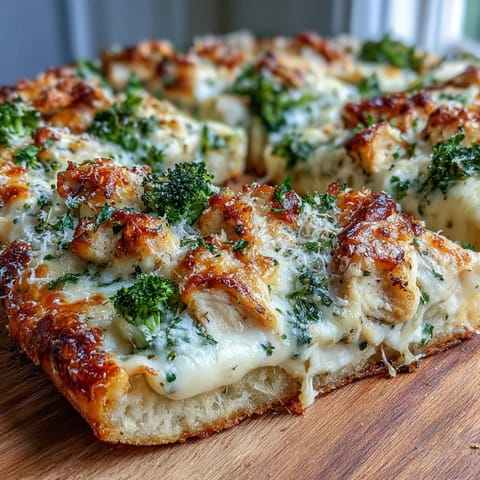 Golden, crispy thin-crust Garlic Parmesan Chicken & Broccoli Pizza slices on a plate, featuring creamy white sauce and fresh green florets.
