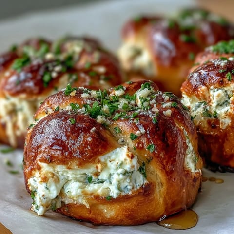 Freshly baked Hot Honey Ricotta Stuffed Garlic Knots with golden crusts and melted cheese peeking out.