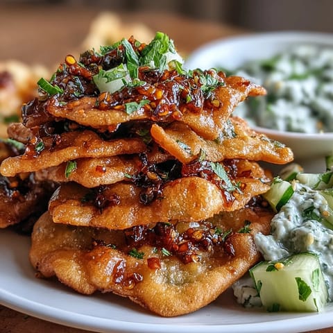 Freshly baked Spicy Chili Crisp Garlic Naan Chips coated in chili crisp served with a cool, creamy Asian cucumber dip.
