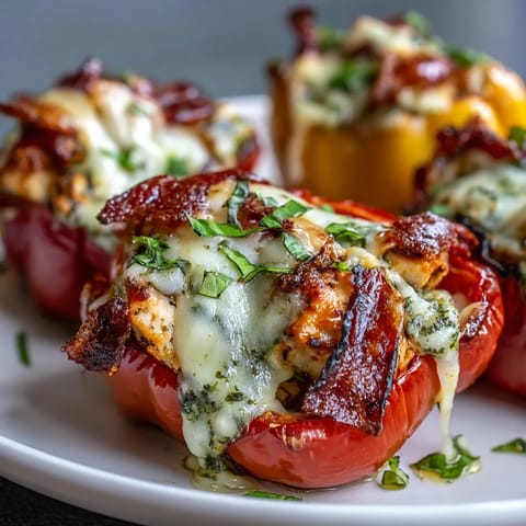 Golden brown, bubbly mozzarella tops Pesto Chicken Stuffed Sweet Peppers, served warm on a rustic baking sheet.
