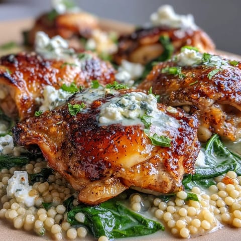Freshly baked Creamy Greek Chicken & Pearl Couscous Bake with golden chicken thighs, wilted spinach, and crumbled feta cheese.