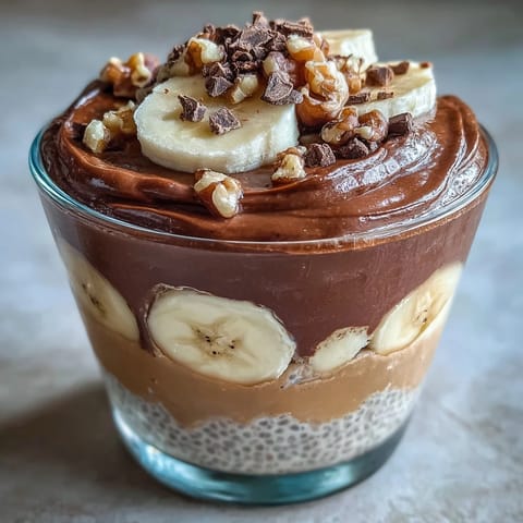Chunky Monkey Overnight Chia Pudding in a jar with banana slices, chocolate chips, and a dollop of peanut butter.