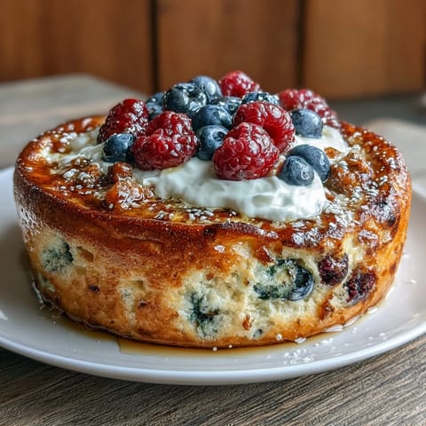 Fluffy Berry Protein Pancakes with Greek Yogurt topped with fresh berries, a drizzle of honey, and a dollop of creamy yogurt on a rustic plate.
