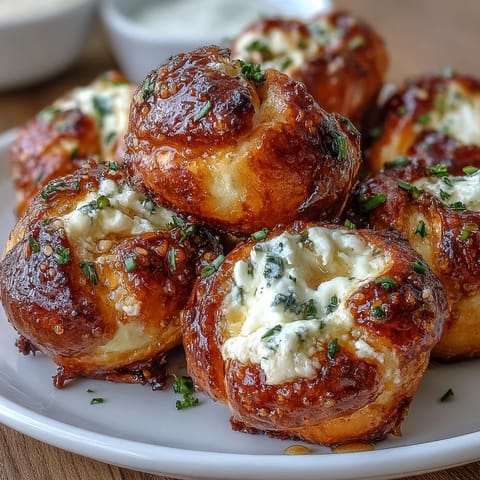 Savory Hot Honey Ricotta Stuffed Garlic Knots served warm on a wooden board, garnished with fresh parsley and extra hot honey for dipping.