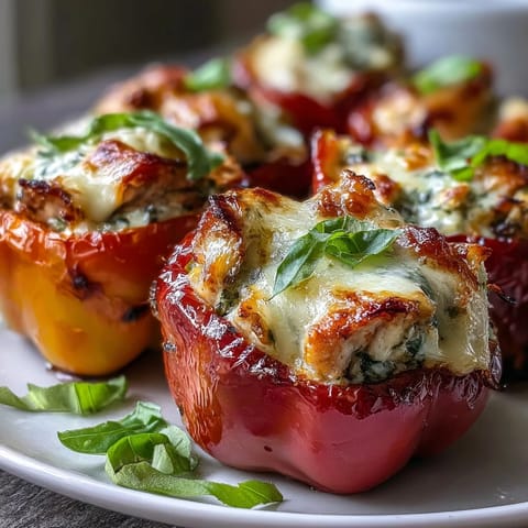 Golden, bubbly mozzarella tops tender baked Pesto Chicken Stuffed Sweet Peppers on a rustic platter, perfect for an easy appetizer.