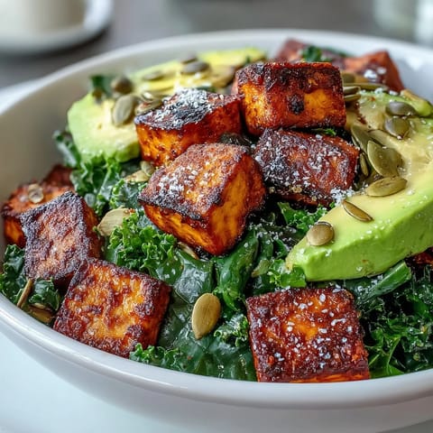 Protein-packed breakfast bowl featuring crispy tofu cubes, wilted kale, sliced avocado, and green onions with a zesty lemon wedge.  