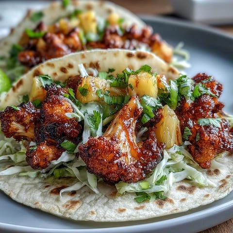 Smoky, sweet BBQ cauliflower florets nestled in soft tortillas with tangy pineapple salsa and crunchy red cabbage for a flavorful plant-based meal.  