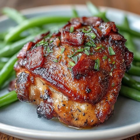 Keto Bacon Ranch Chicken Thighs with Green Beans - Juicy chicken thighs baked with crispy bacon and creamy ranch seasoning, served with tender green beans.  