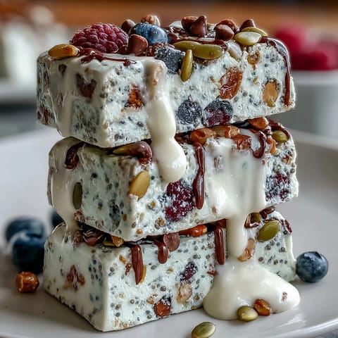 High-protein yogurt breakfast bark topped with vibrant berries, chia seeds, and almonds for a nutritious, energizing start to your day.