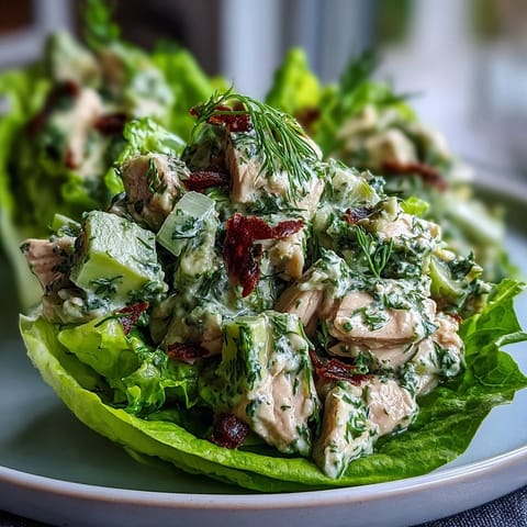 Creamy avocado and herb chicken salad served in crisp lettuce cups for a fresh, healthy lunch.