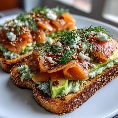 Keto avocado bread toasts topped with creamy avocado, smoked salmon, and everything bagel seasoning for a healthy brunch.
